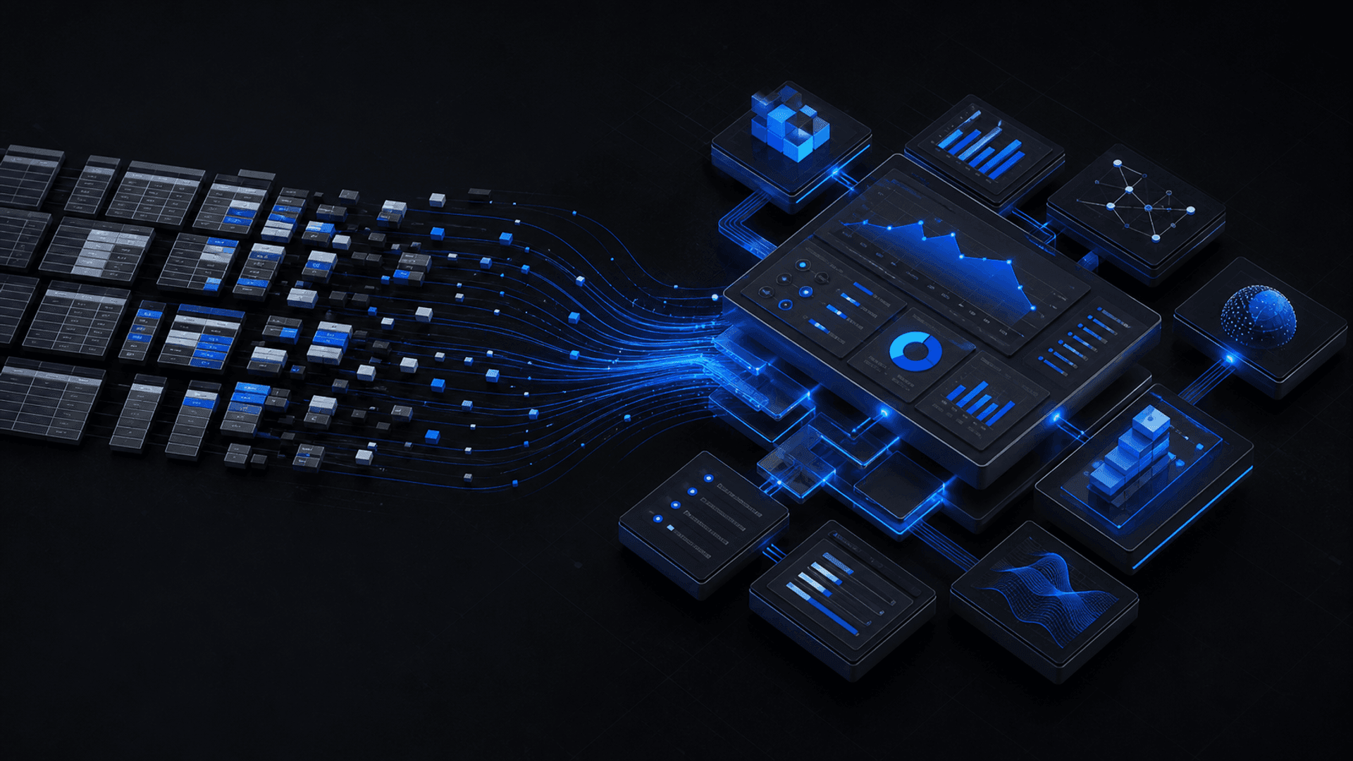 Spreadsheet rows transforming into a connected custom business platform